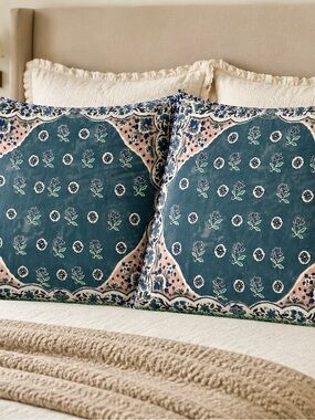 Anthropologie Floral Block-Print Pillow Shams in Teal, Pink, Green